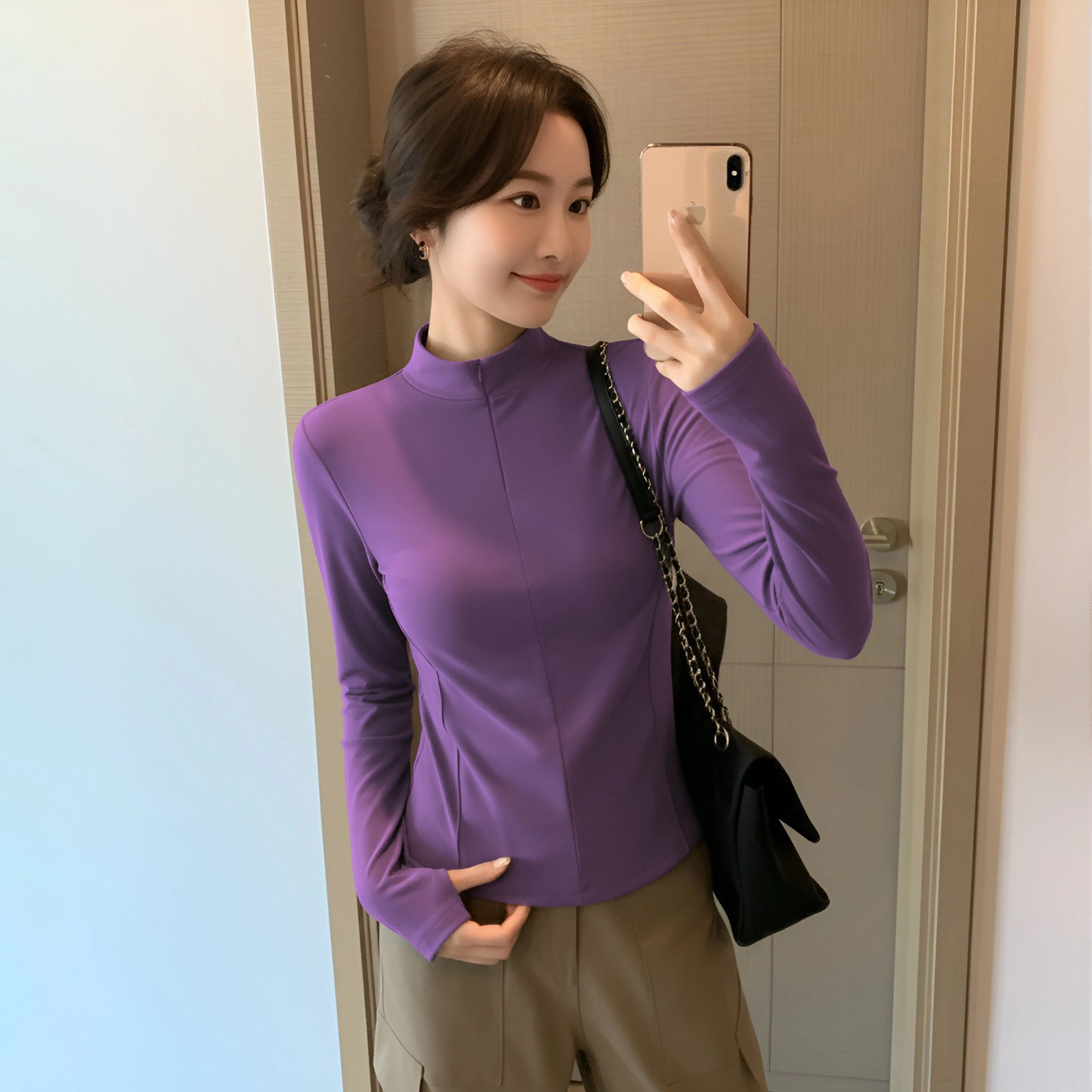 

Half-zip Base Layer Top Women Autumn Winter Slim-fit Fleece-lined Warm Outdoor Long-sleeved T-shirt