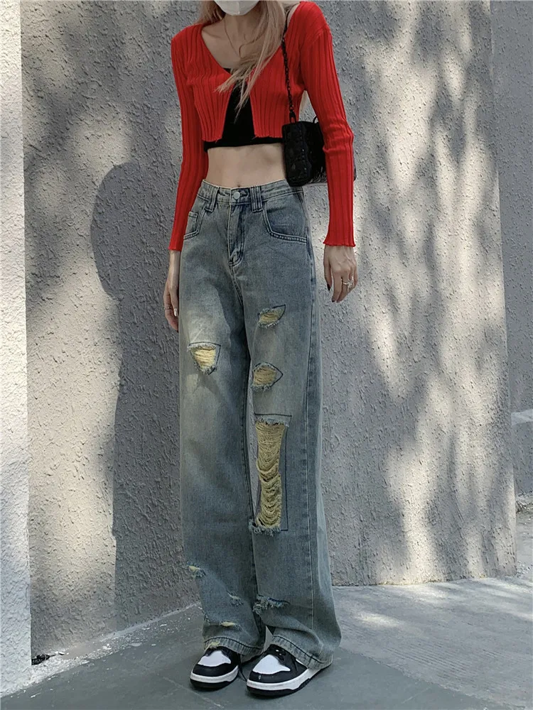 High Waist Slim Blue Jeans Women's Autumn And Winter Holes Straight Demin Trousers Loose Wide Leg Pants