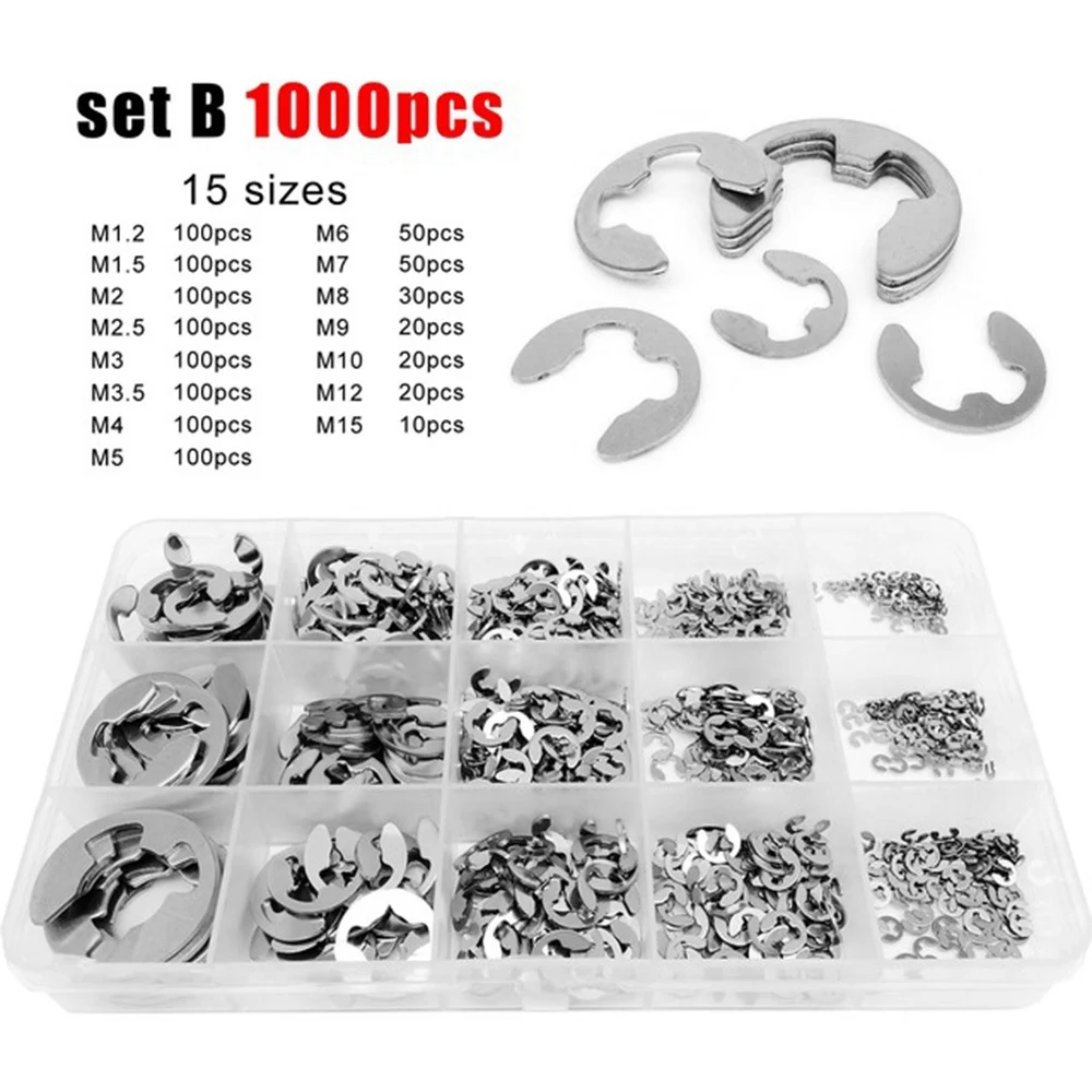 1000 PCS Stainless Steel E-Type Retaining Ring Kit 1.2mm-15mm E-Type Split Retaining Ring E-Type Bearing Retaining Ring