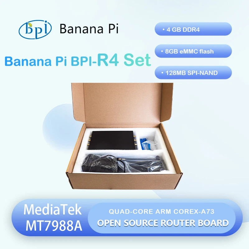 Banana Pi BPI-R4 Fertigset MediaTek MT7988A Quad-Core Arm Corex-A73 4 GB DDR4 8 GB eMMC 128 MB Flash Openwrt Smart Router