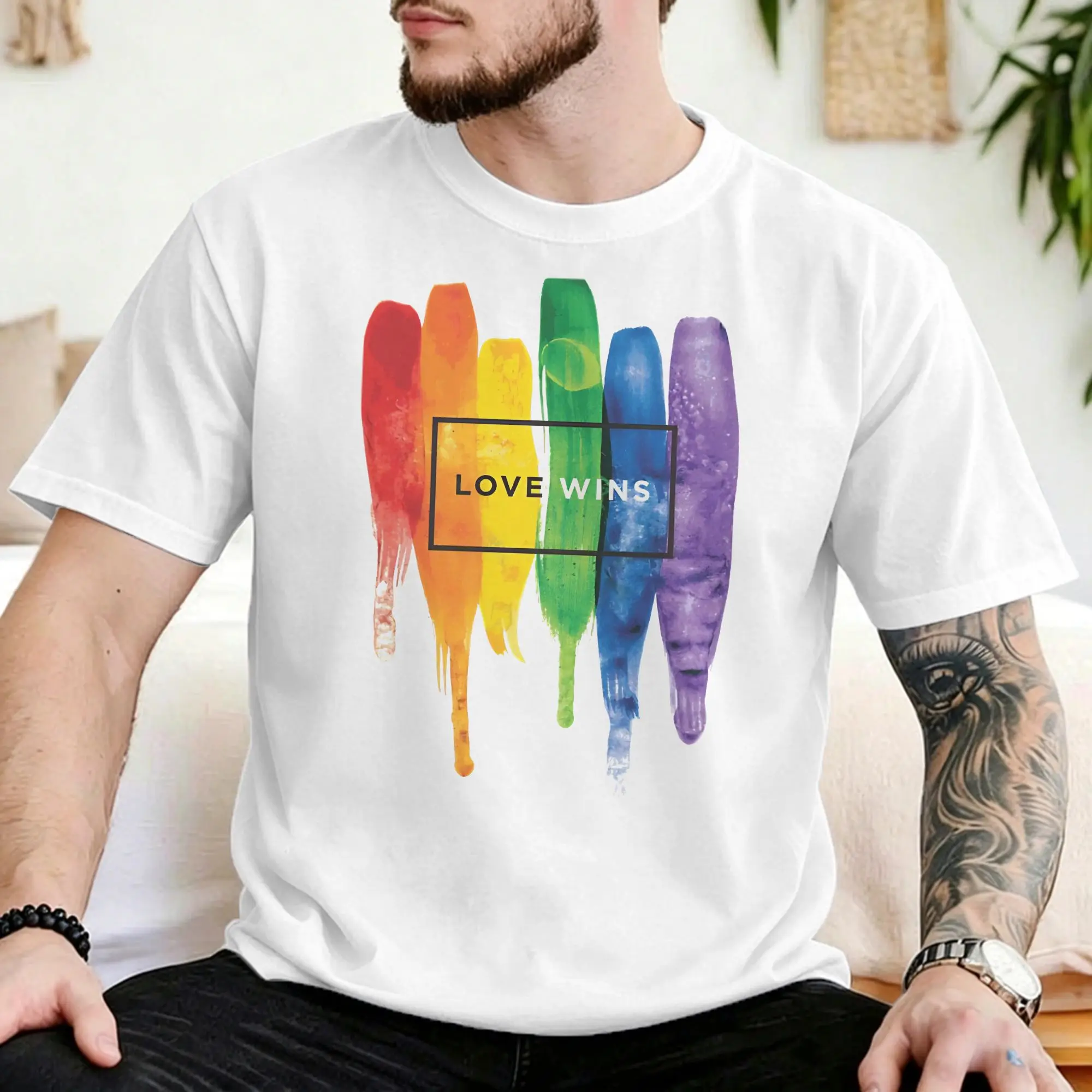 Vintage LGBT Love Wins Rainbow Paint Typographic T-Shirt Men Women's Crew Neck Cotton T Shirts  Short Sleeve Printed Clothing