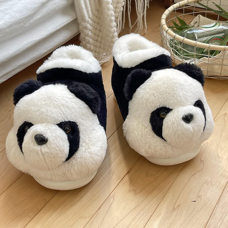 Zapatillas de algodón para el hogar de Panda para mujer, Zapatillas de interior para el hogar de otoño e invierno, zapatos de felpa de algodón peludos con bonitos dibujos animados para hombre