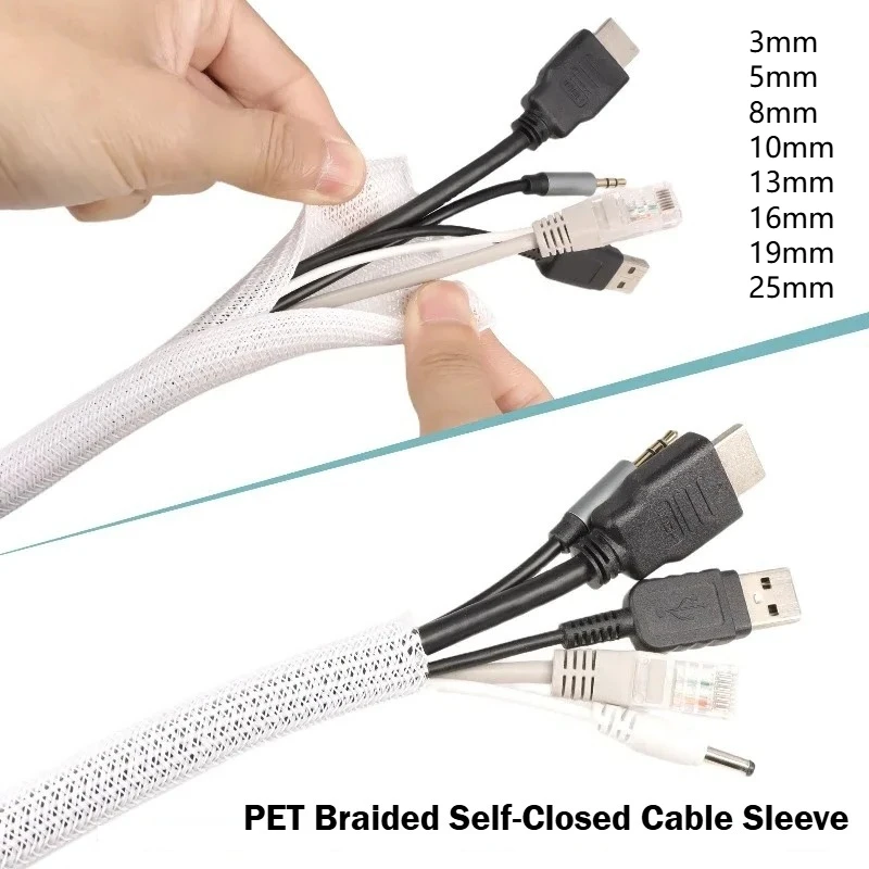 

3 5 8 10 13 16 19 25mm White Self-Closed Cable Sleeve PET Braid High Protection Insulated Power Cord Wrap Sheath Split Sleeving
