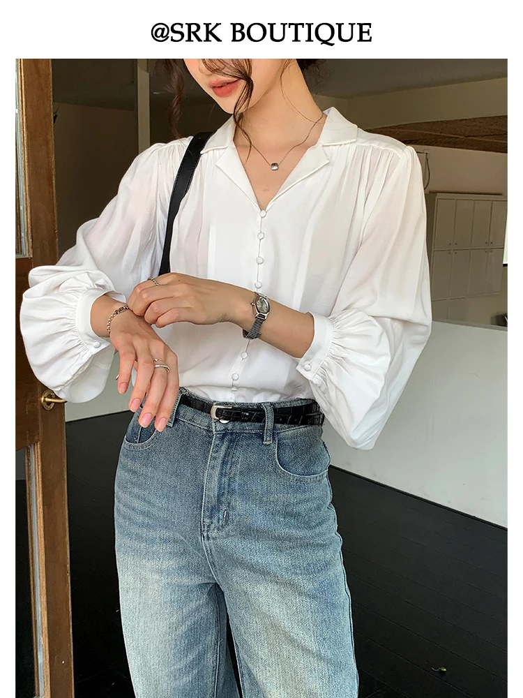 

SRK Casual Sle White Loose Long Sve irt V-Ne Slimming Meat Covering Small Turn-down Collar Polyester Fiber Women's S...