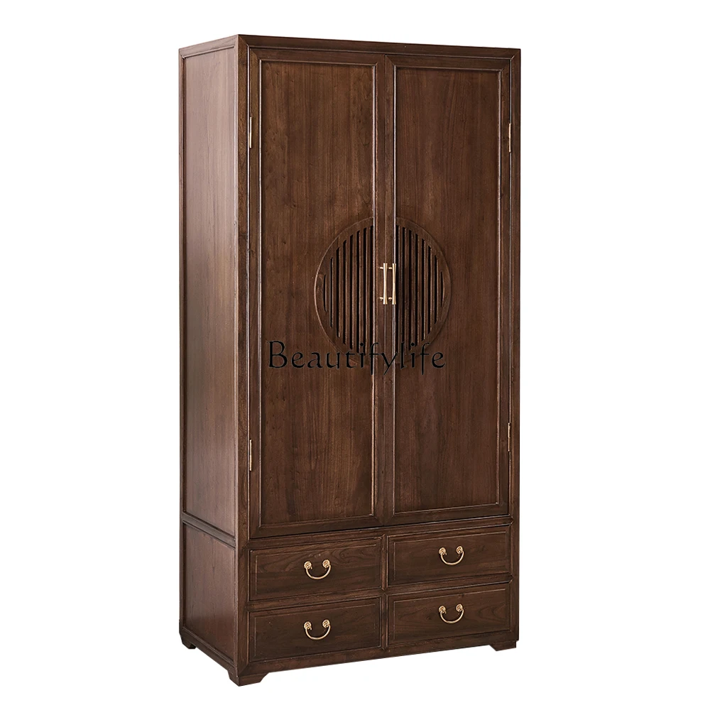 

Chinese Style Elm Wardrobe Zen Simple Hanging Wardrobe Black Walnut Large Capacity Storage Cabinet