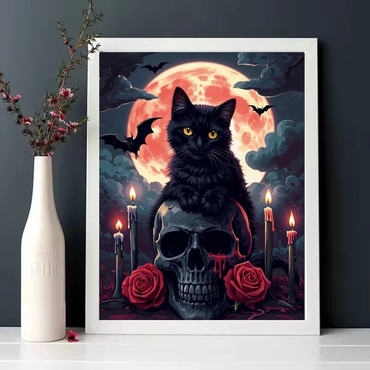 5D-Diamantmalerei: Schwarze Katze auf Totenkopf, Blutmond, komplettes DIY-Diamantkunst-Set, gotische Halloween-Mosaik-Stickerei, Heimdekoration.