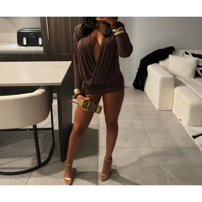 

Skinny Mini Bodycon Dress Women Sexy V-Neck Elegant Peach Hip Full Sleeve Autumn 2025 Fashion Banquet Party Clubwear Dresses