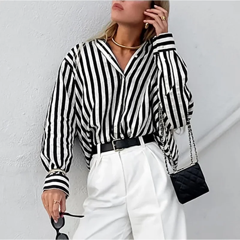 

Women Classic Black & White Striped Long Sleeve Shirt Temperament Commuting 2024 Autumn New Fashion Women's Casual Loose Blouses