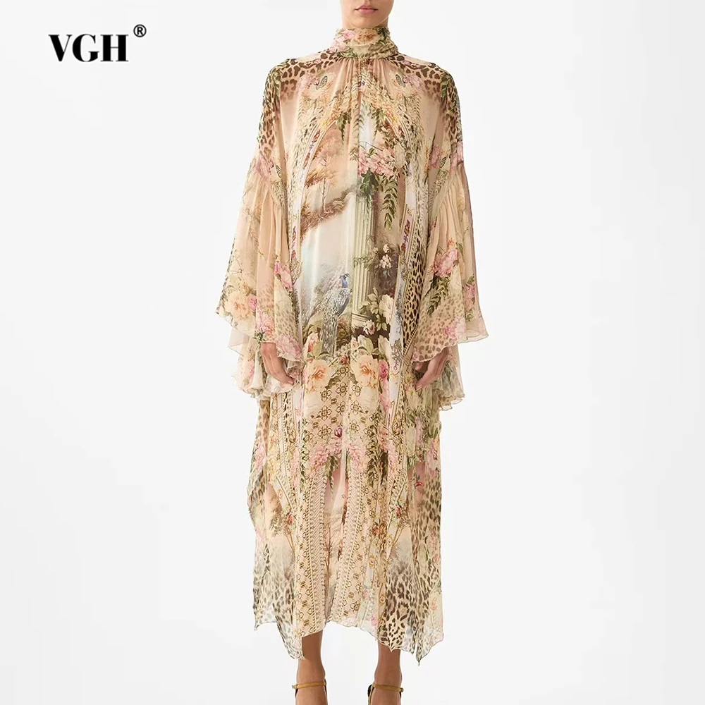 VGH Vintage Colorblcok Printed Loose Long Dress for Women Turtleneck Flare Sleeve Loose Waist Irregular Hem Midi Dresses Female
