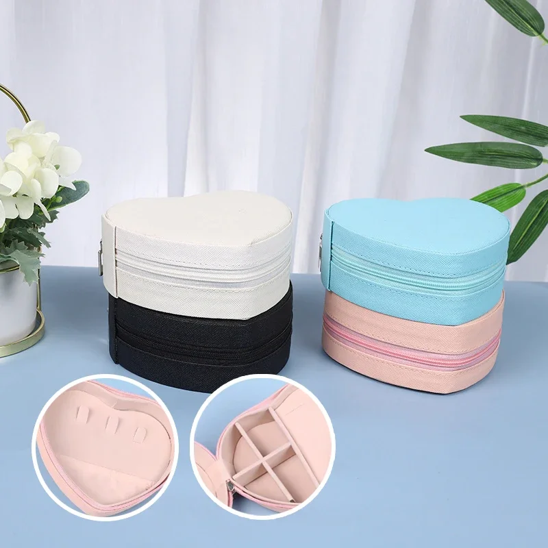 2025 caixa de jóias em forma de coração portátil viagem colar pingente anel brincos armazenamento zíper de couro bonito caixa organizador de jóias