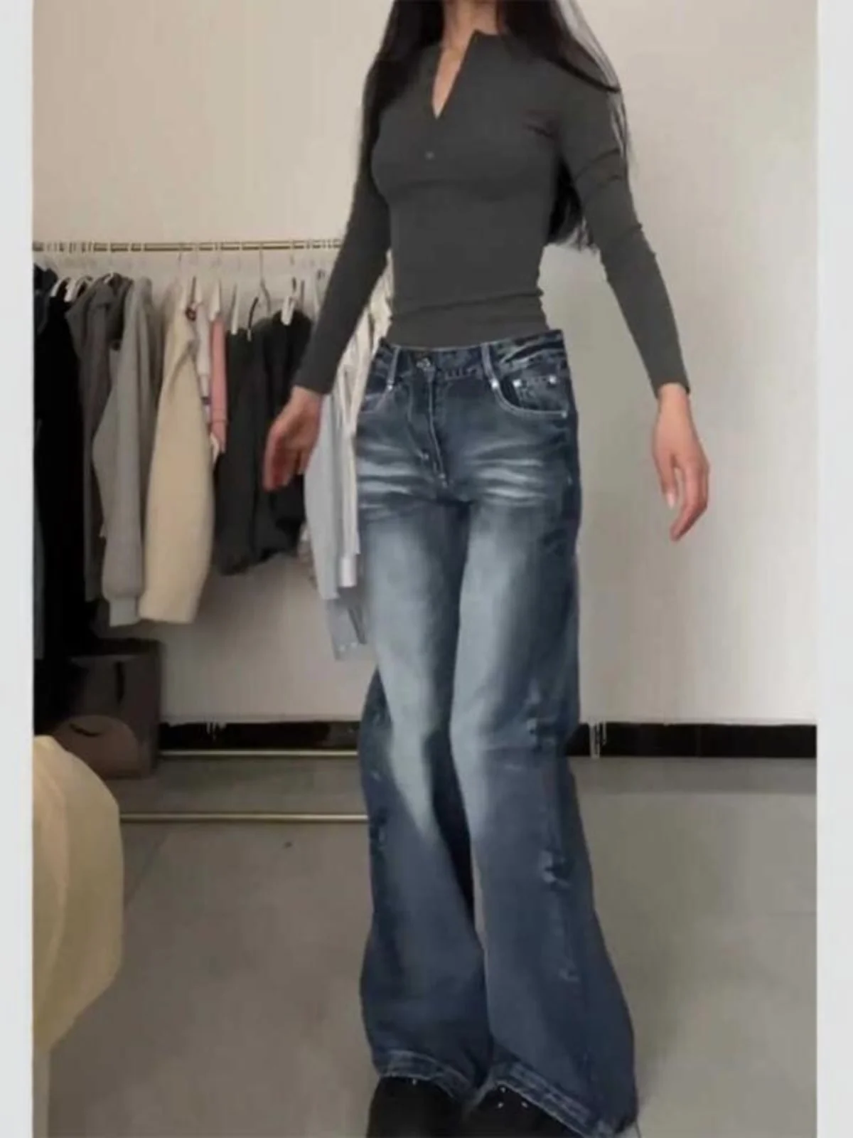 アメリカン スレ レトロ ウェイド デニム ジーンズ レディース プラスサイズ ハイウエスト ワイドレッグ フロア丈 ルーズフィット ストレートカット トラウザーズ