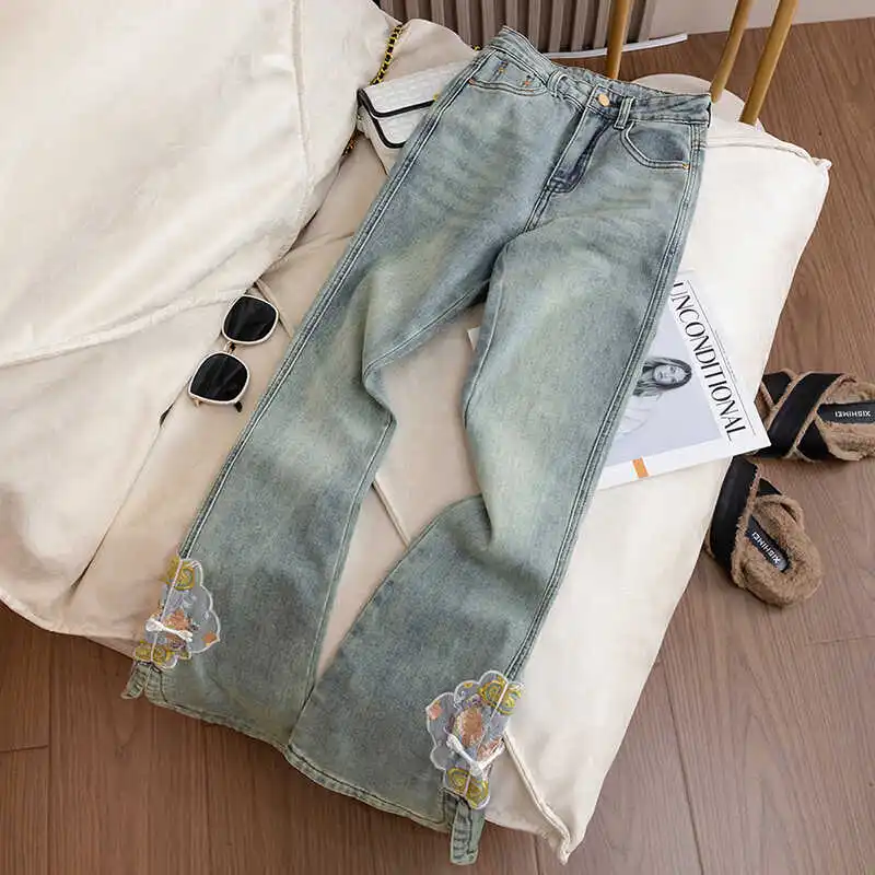 

Новые китайские джинсы-клеш больших размеров для женщин, весна 2025, осень, утягивающие, укороченные, с разрезом, с высокой талией, длинные...