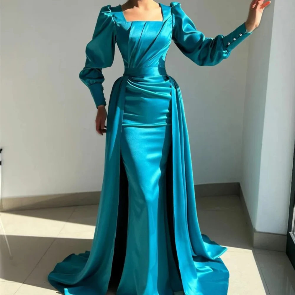 

Elegant Long Blue Square Collar Satin Evening Dresses Full Sleeves Mermaid Floor Length Sweep Train Vestidos De Noche