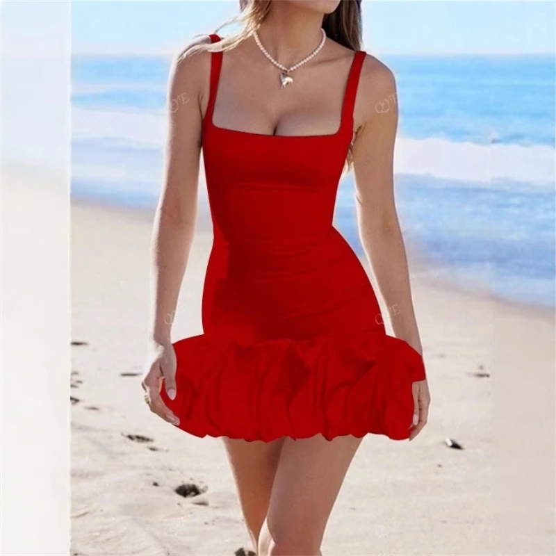 

Red Square Neck Ruched Bodycon Mini Dress With Ruffle Hem For Party Beach Club