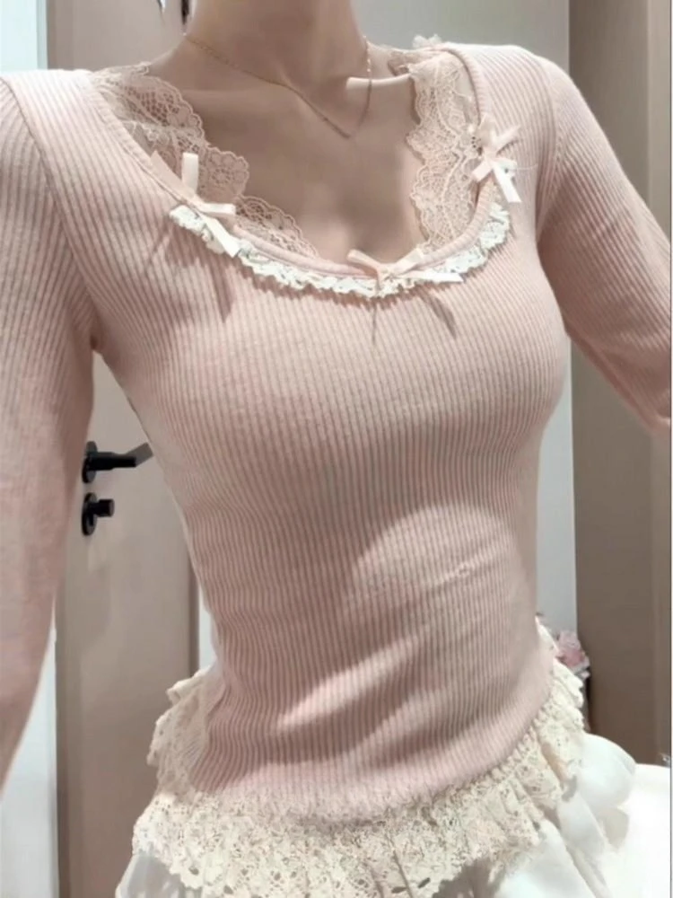 Otoño francés elegante Sexy Coquette Tops mujer Y2k ropa de calle elegante camiseta arco encaje Patchwork camisetas dulces delgadas