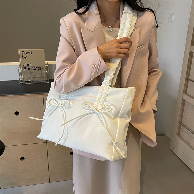 Bow Design Y2K Solid Color Soft Cloth Design Shoulder Bags For Women 2024 Korean Fashion Females Shopper Shopping Handbags Pink