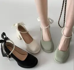 Décolleté con tacco spesso con perle francesi Décolleté con tacco alto da donna Nuovo autunno retrò Mary Jane Scarpe singole Eleganza Scarpe da sera da donna