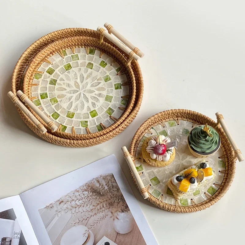 Rattan Tray Dessert Tray for Serving Food Plate Trays to Serve Food Snack Dish Plates Fruit Dry Afternoon Tea Sweets Cake Home