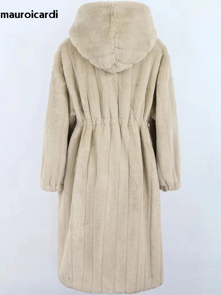 Mauroicardi Winter Long Thick Warm Striped Fluffy Faux Fur Coat Women with Drawstring Waist and Hood Zip Up Furry Overcoat 2024