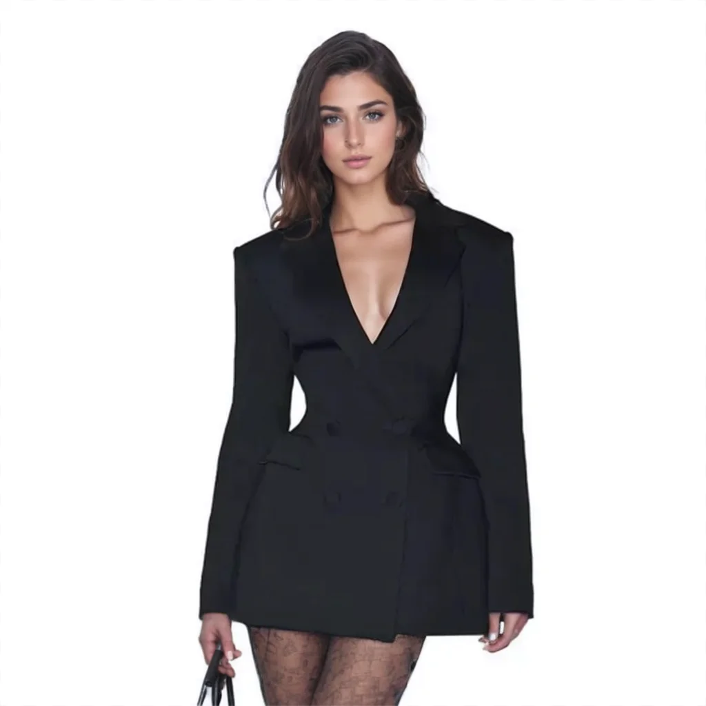 2026 Office Lady Vintage Waist Cinching Slim Fit Blazers Dress Coats Women's Elegant V-neck Double Breasted Street Suit Jackets