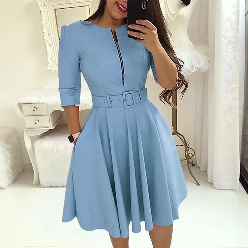 Elegant Women Solid Half Sleeve Party Dress Autumn Casual Zipper Knee-length Midi Dresses Ladies Big Swing Club Dress Vestidos