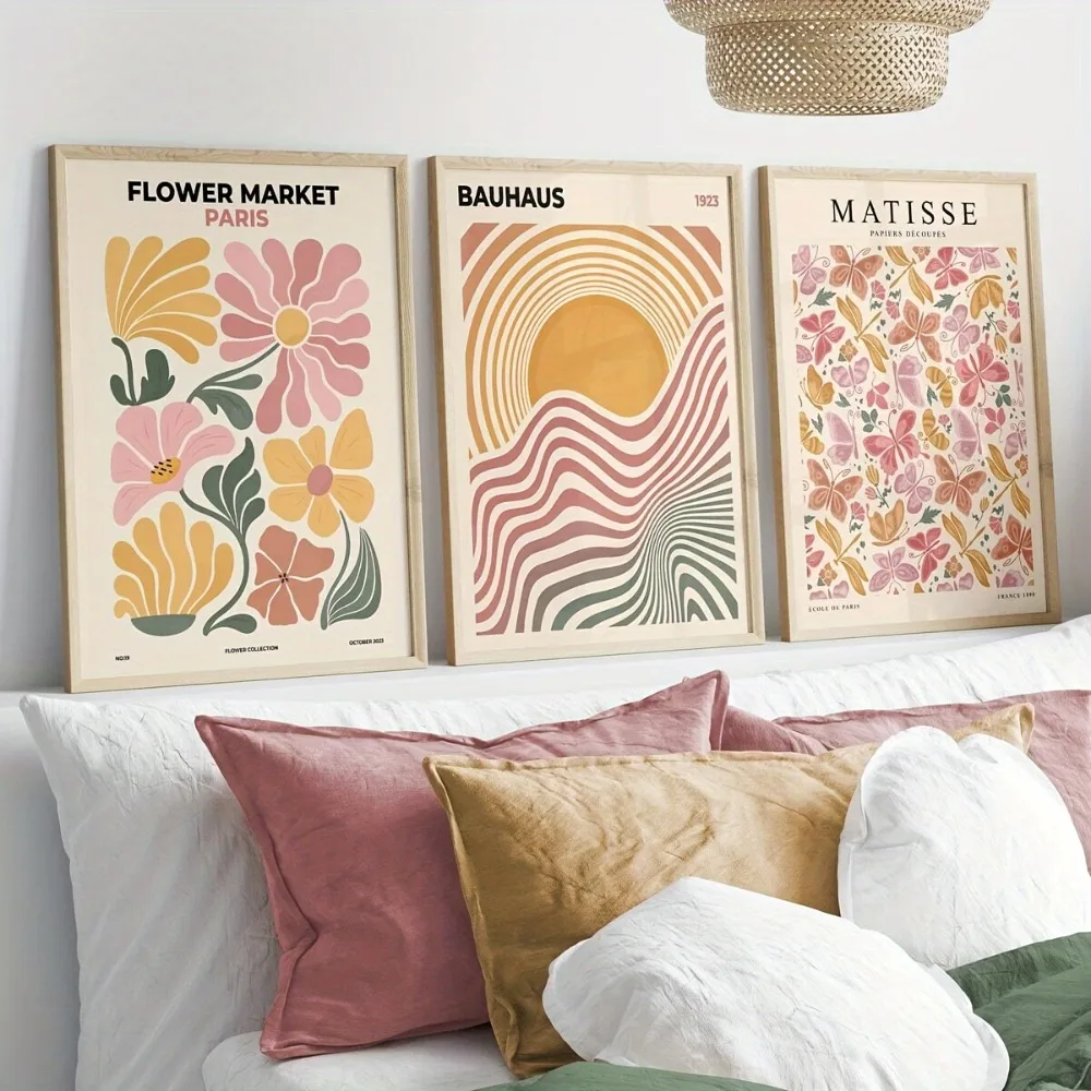 3-teiliges rahmenloses Bohemian-Leinwandbild, abstrakte Blumen und Bauhaus-Ästhetik, Poster im Retro-Stil, Schlafzimmer- und Wohnzimmerdekoration