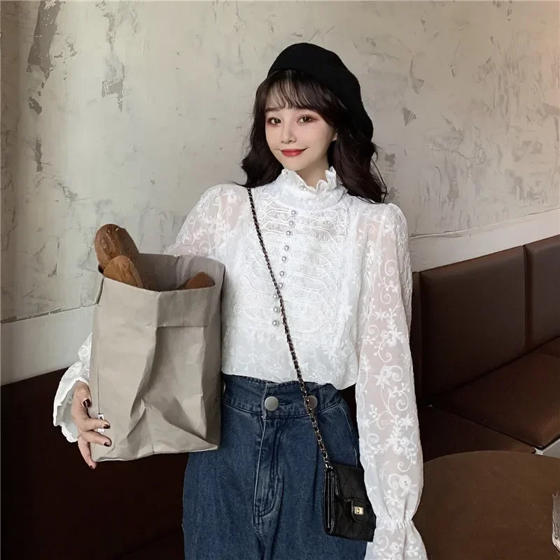 OCEANLOVE Lace Blusas Mujer Solid Stand Collar 2024 Spring Vintage Shirts Flare Sleeve Autumn Korean Style Women Blouses 19399