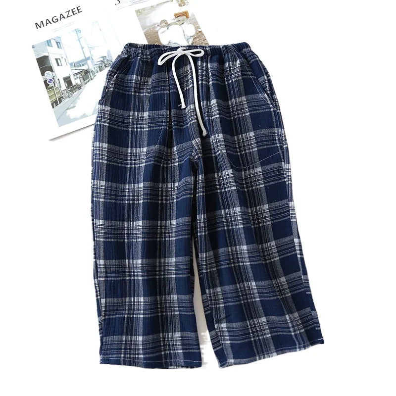 2024summer couple 100% cotton crepe cloth shorts multicolor large size loose plaid men\'s home pants cropped pants ladies bottoms