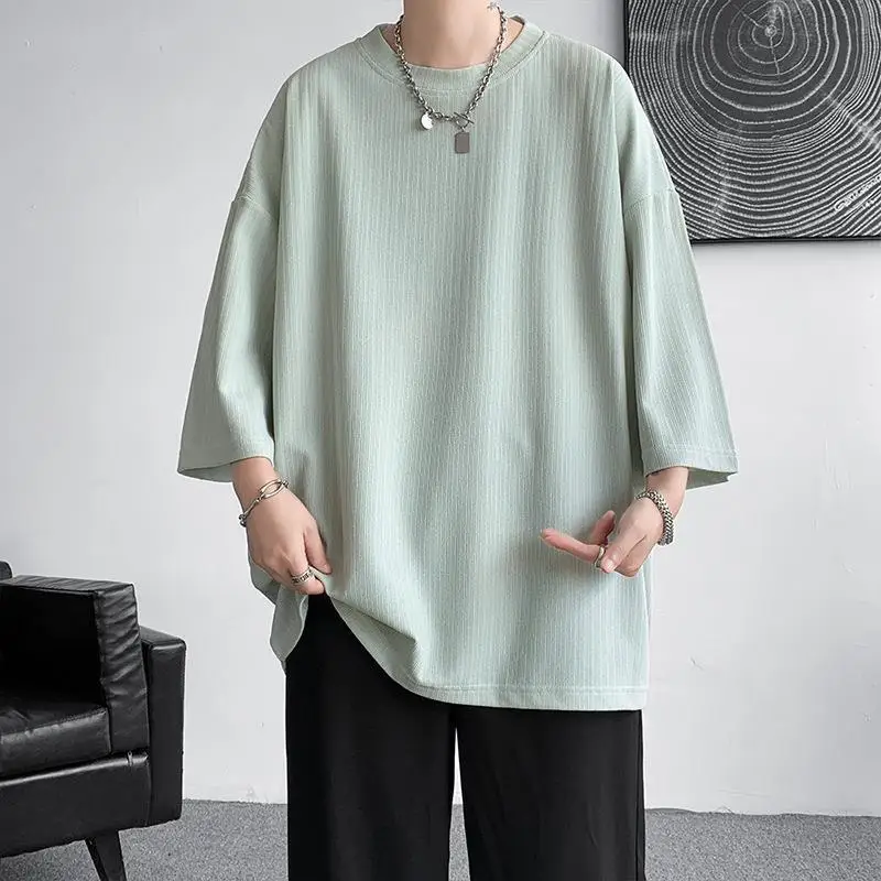 Ice Silk Short Sleeved T-shirt Men's Drape Top 2024 New Trend Plus Size Solid Color Seven And A Half Sleeves