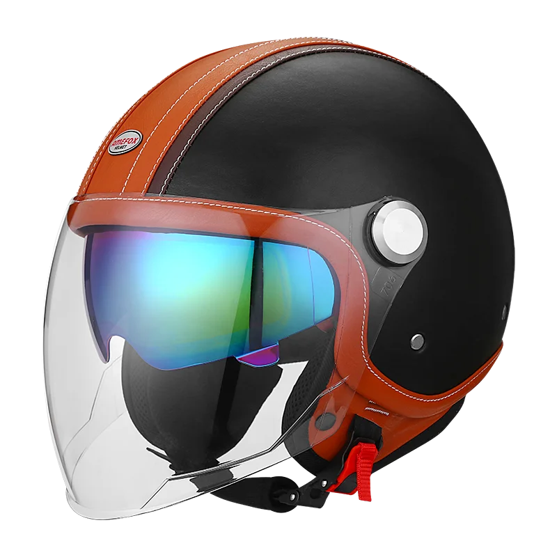 

2 Color Retro 3/4 Leather Helmet Motorcycle Helmet for Women Men Double goggles All-Season Electric Bike Dual Visor Sun Hat