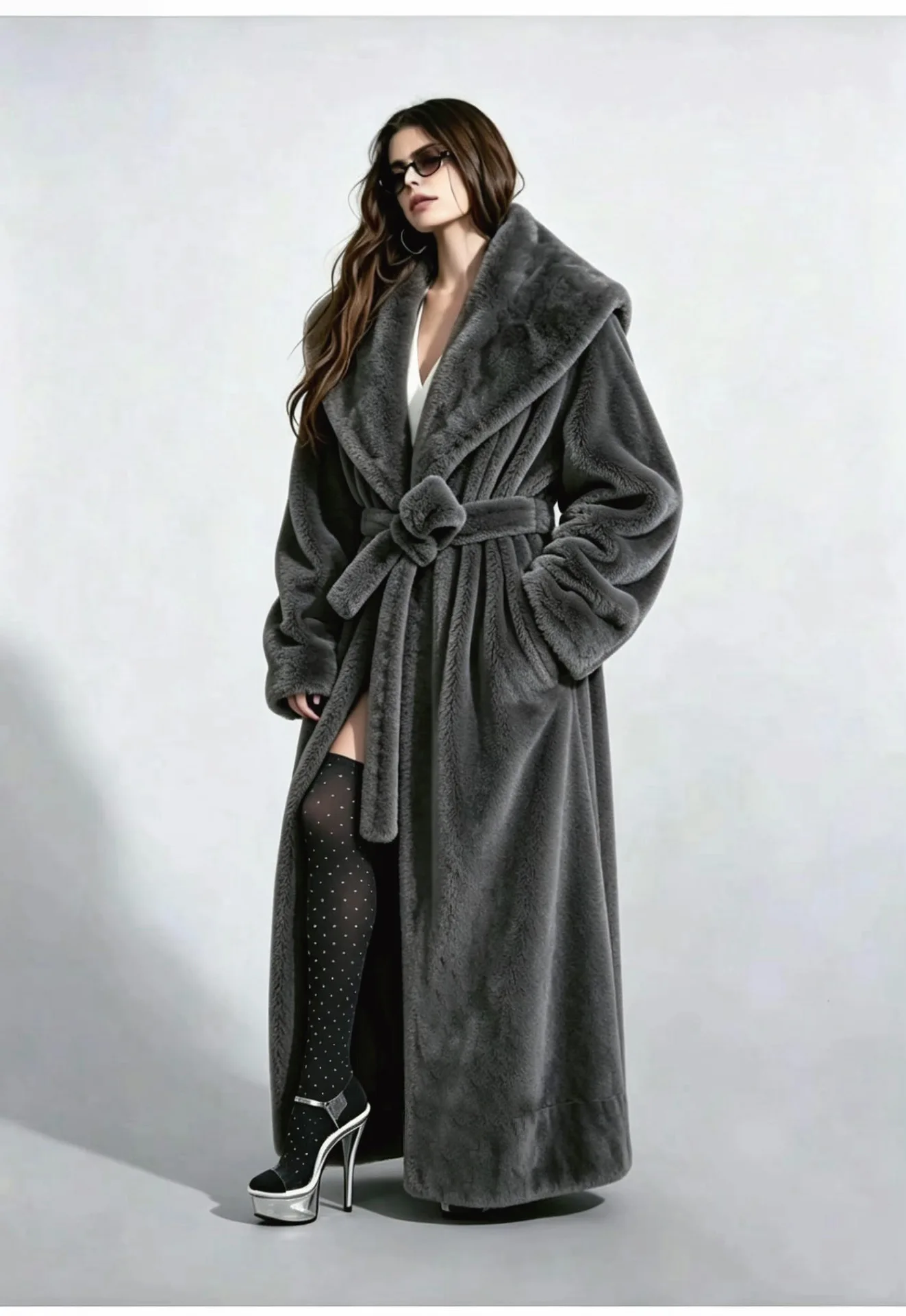 Long Coats Women Faux Fur Jackets Turn Down Collar Coat Thick Warm Y2k Streetwear Jacket Work Lace Up Tight Waist Autumn Winter