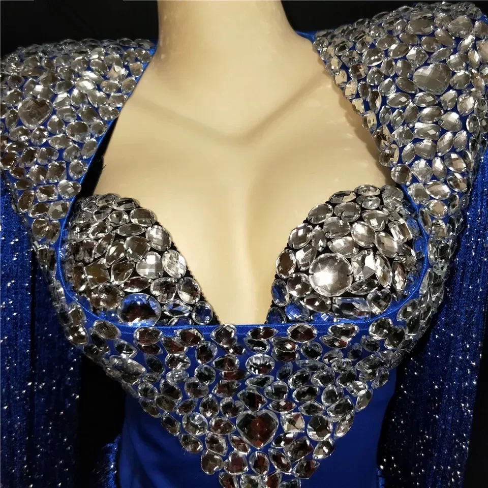 Blue Red Tassels Sparkly Rhinestones Bodysuit Model Catwalk Bling Crystals Stage Outfit Nightclub Bar Female DJ Singer Costume