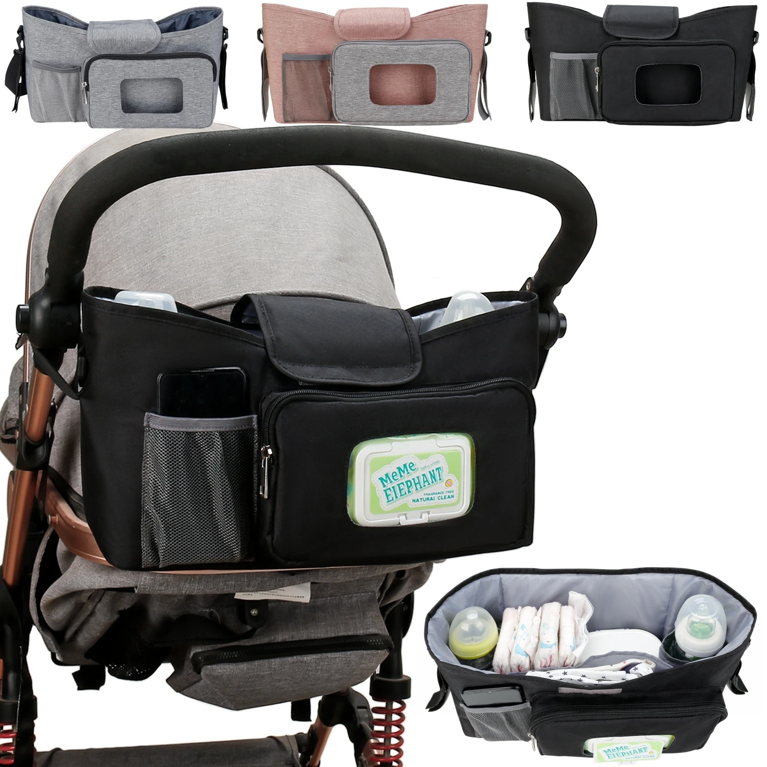 

Вместительная подвесная сумка для мамы на коляску: для влажных салфеток, телефона, бутылочек, подгузников. Аксессуары для колясок.