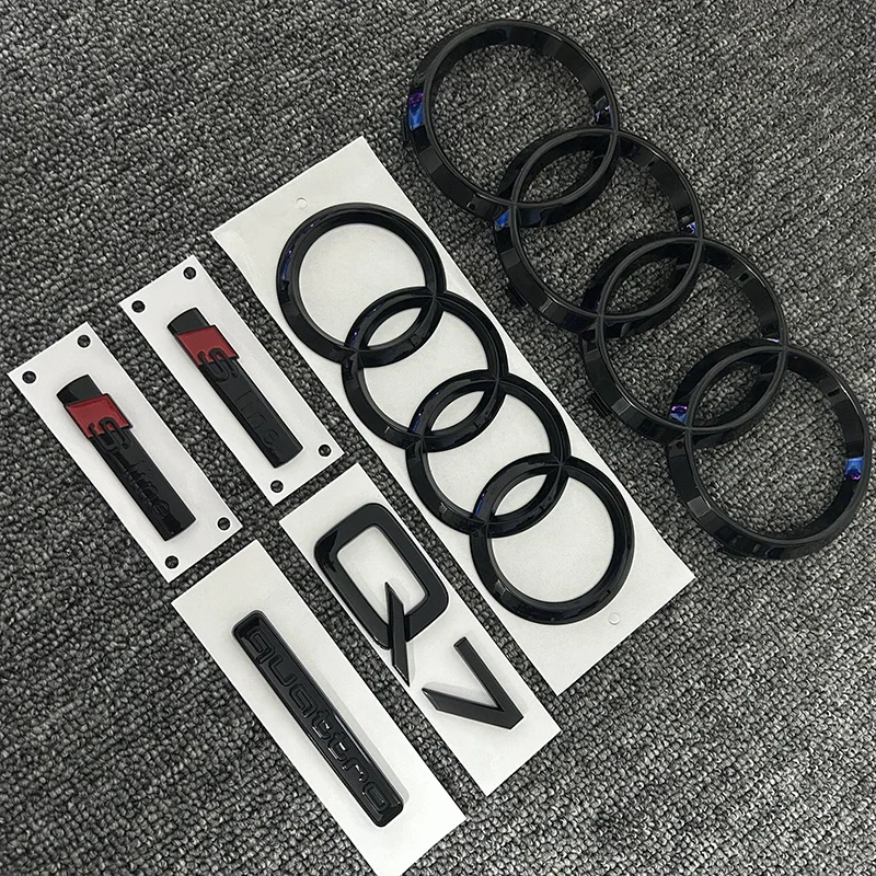

2PCS 4Ring logo ABS Black Car Hood Front Grill Emblem Rear Trunk Badge Sticker 1P Q7 1P Quarrto 2P Sline For AUDI Q7 2016-2023