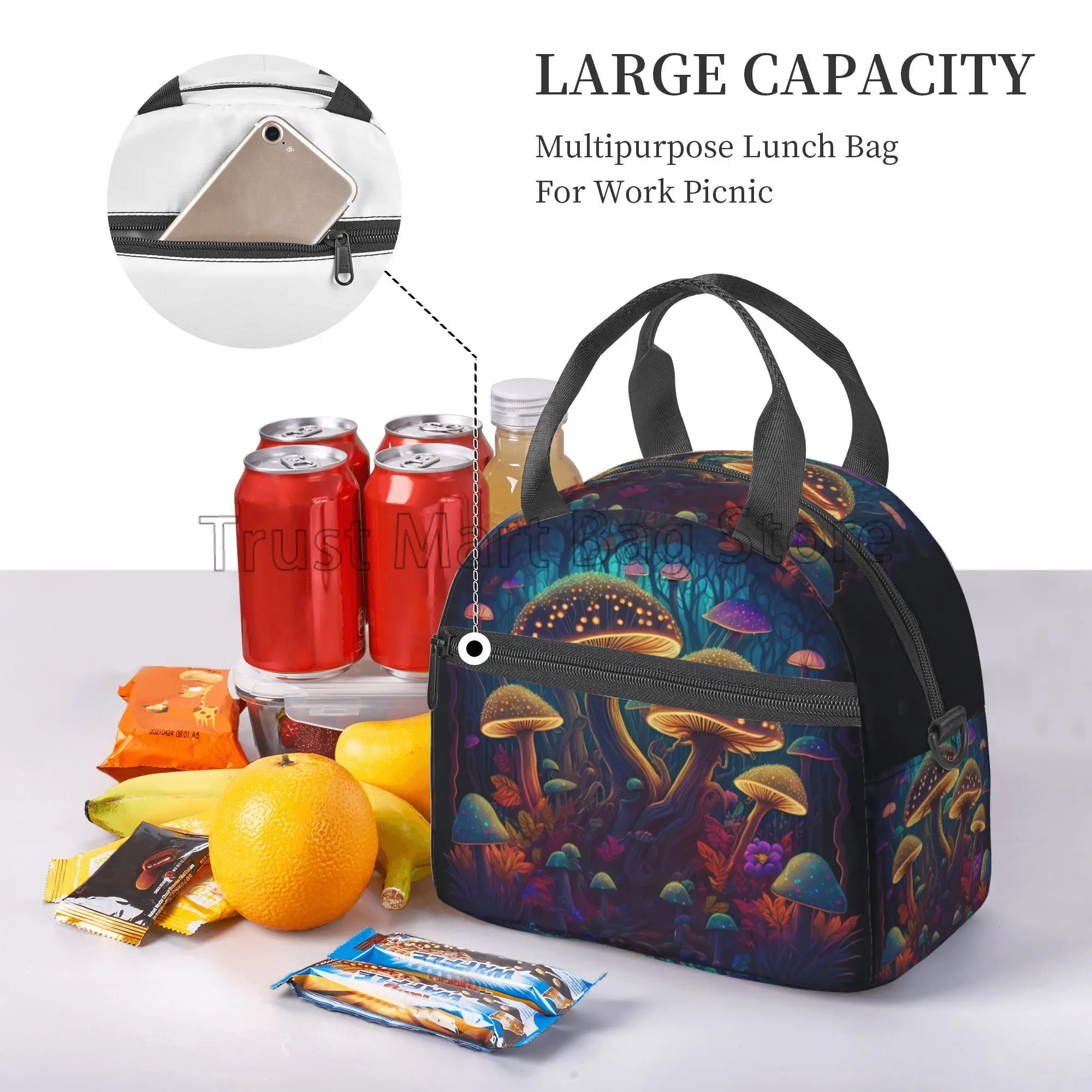 Forest Colorful Mushrooms Insulated Lunch Bag Reusable Waterproof Thermal Lunch Box with Shoulder Strap for Work Picnic Beach