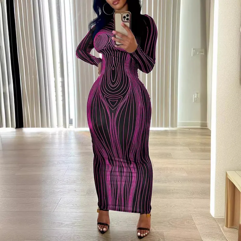 Vestido F Estiloso com Estampa, Ajuste Slim, Manga Longa, Decote Redondo, Novo Estilo de Outono, Camada Base, Saia Jus...