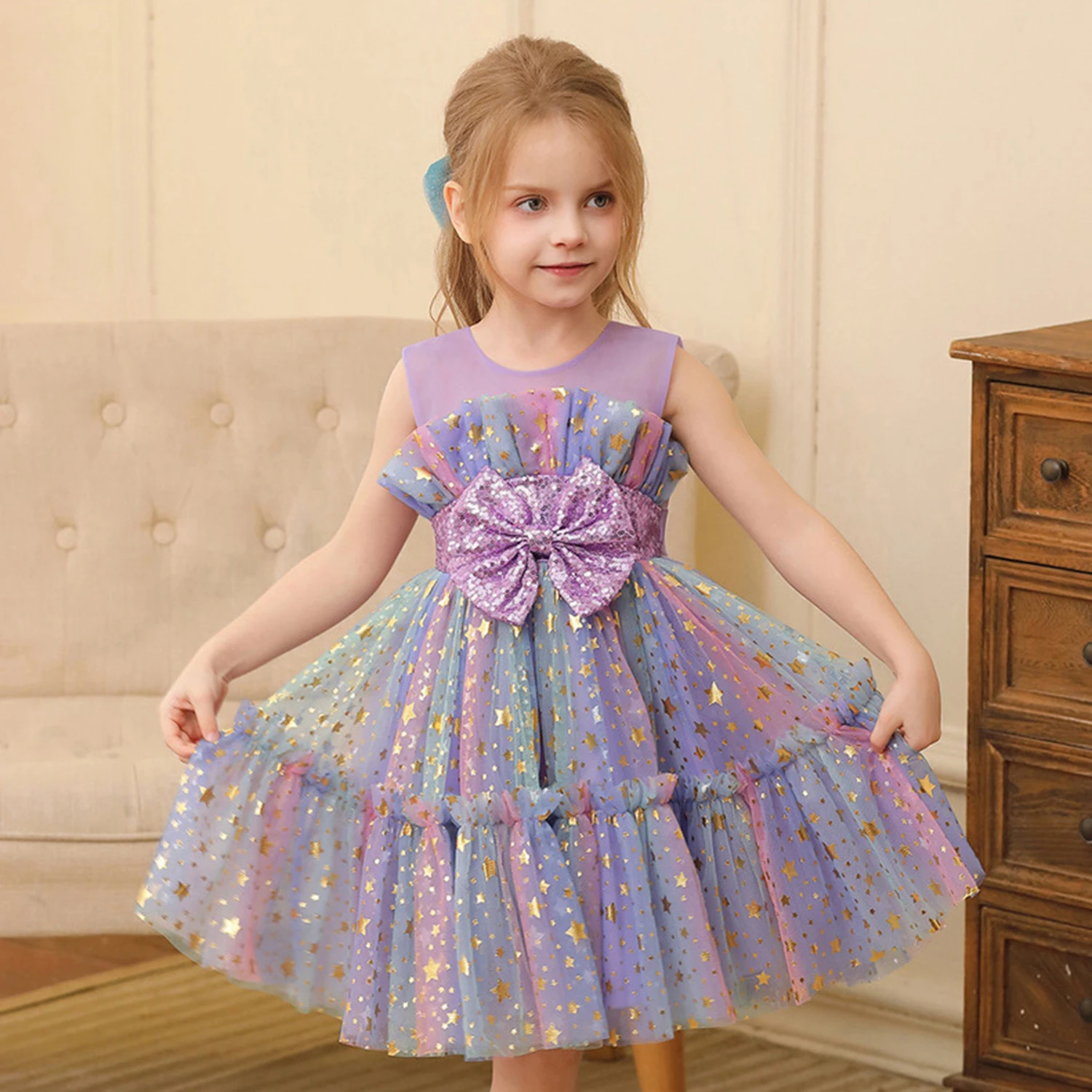 

1-9 Years Sequined Star Appliqued Rainbow Birthday Party Graduation Ceremony Pageant Formal Dress