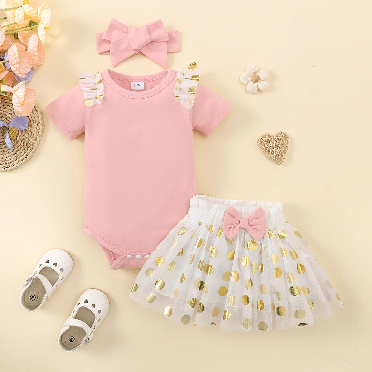 

Summer Infant 0-2 Years Old Baby Girls Short Sleeved Romper And Polka Dot Mesh Skirt Casual Baby Clothing