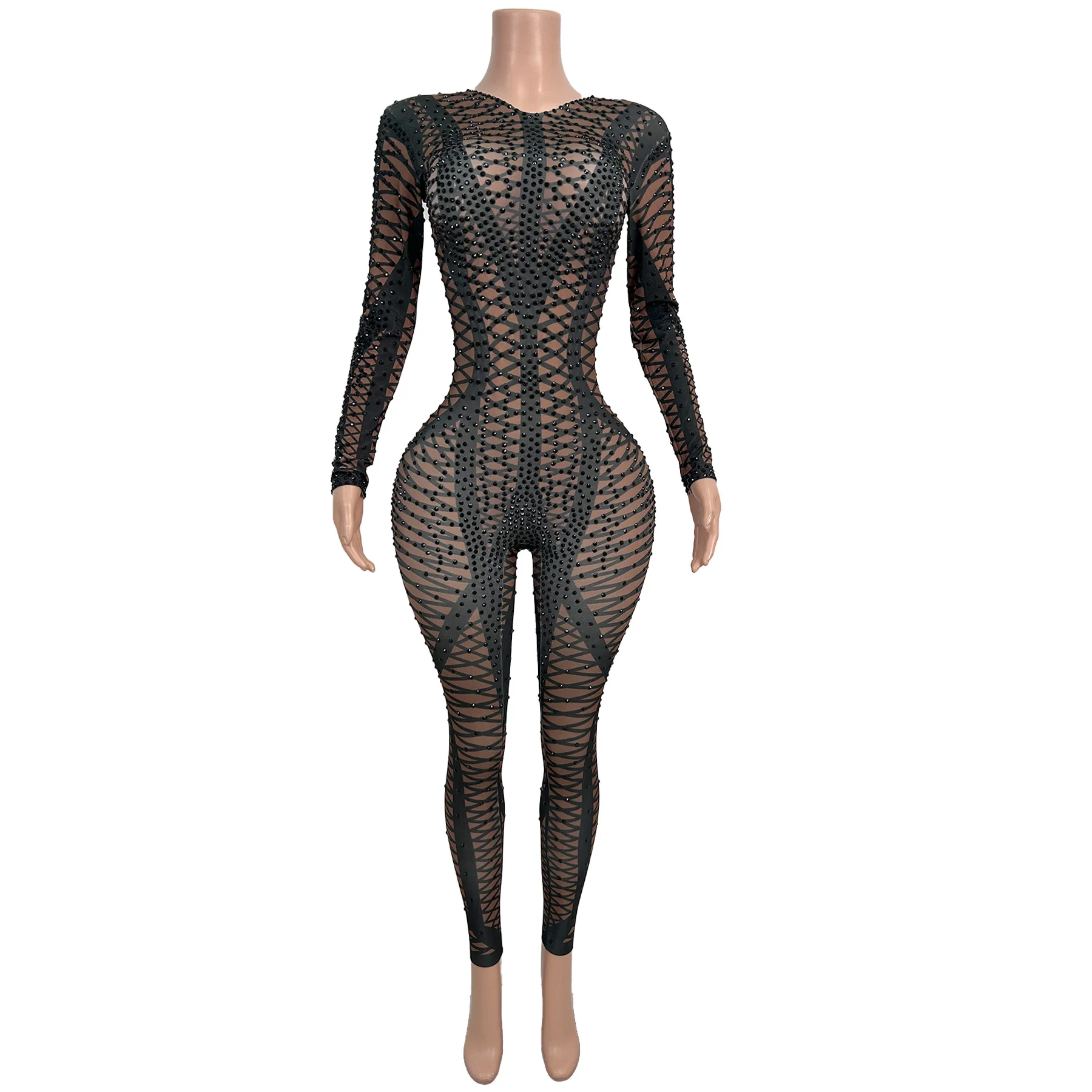 

Костюм Хайчкой на Хэллоуин, сексуальный черный сетчатый комбинезон со стразами, эластичный комбинезон с длинными рукавами, сценический костюм для ночного клуба, праздничная одежда