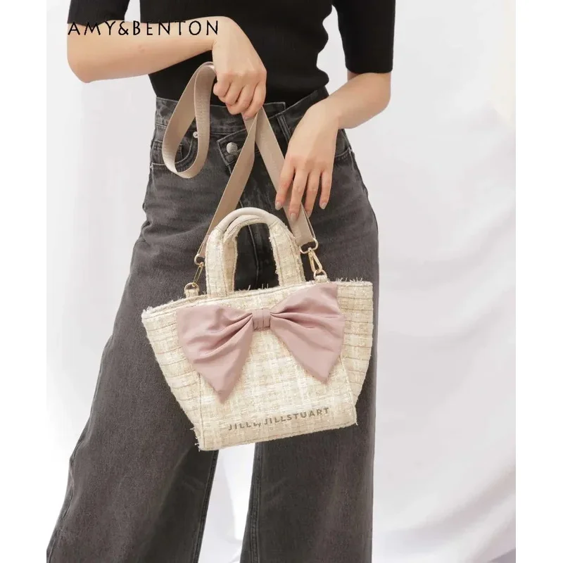 25COSJapanese Jill Bow Decorative Handbag Women Girly Versatile Messenger Bag Sweet Cute Canvas Bag Graceful Trendy Handbag Stud