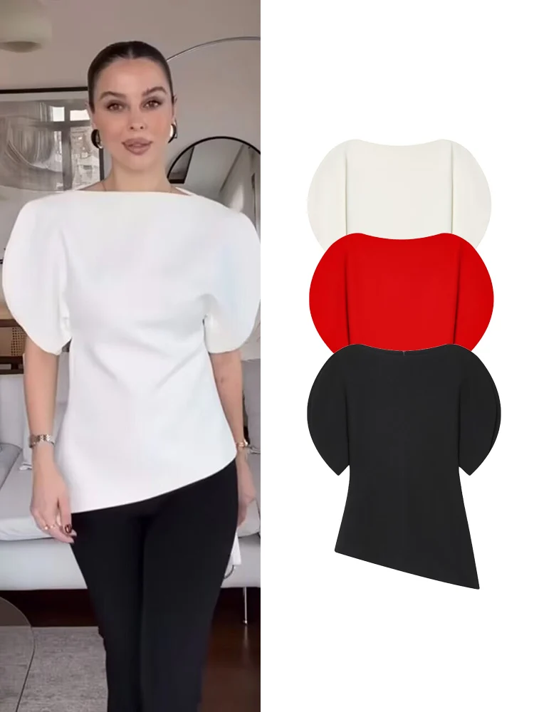 

TFMLN New Women Casual Short Puff Sleeve T-Shirts Solid O-neck Split Sleeve Asymmetrical Tops Fashion Lady Spring Elegant Tops