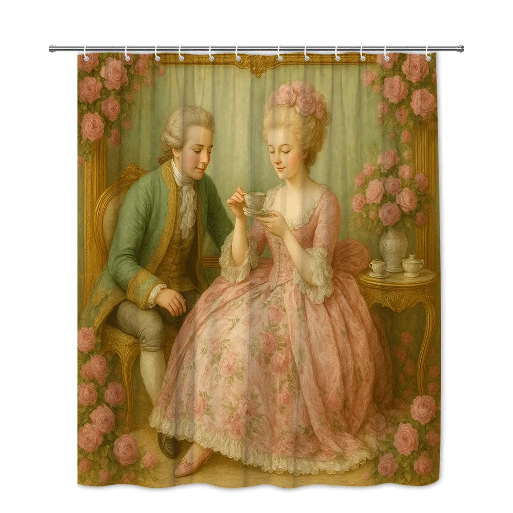 Luxury Vintage Old Master Painting Style Floral Portrait Shower Curtain Bathroom Wall Decor Art Print Roses Romantic Home Design