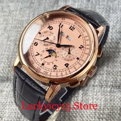 New CORGEUT 42MM ST1655 Automatic Movement For Men Watch Date Week Year Indicator Leather Band Polished Rose Gold Case