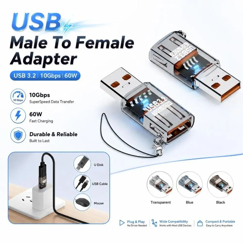 New Transparent USB Male To Female Adapter High Speed Plastic USB Extension Adapter OTG Function 60W USB Adapter Car Accessories
