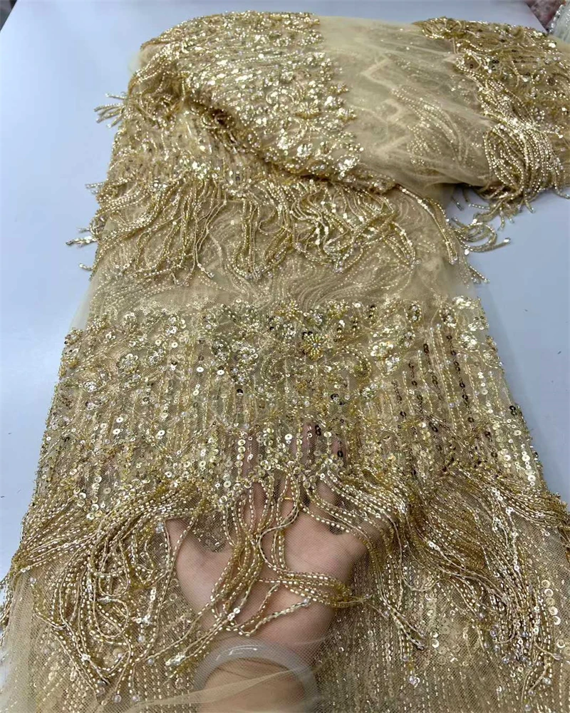 

African Heavy Beaded Lace Fabric 2026 High Quality Nigerian Sequin Pearl Lace French Tulle Fabric For Wedding Party Dress Sewing