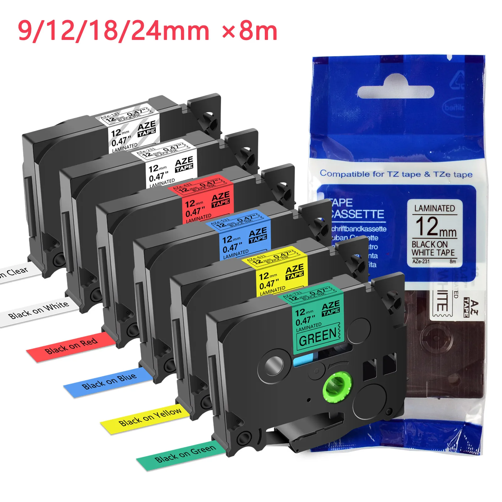 6PK Compatible for Brother 9/12/18/24mm Laminated Label Tapes Combo Set for TZe-131 231 431 531 631 731 for P-Touch Label Makers