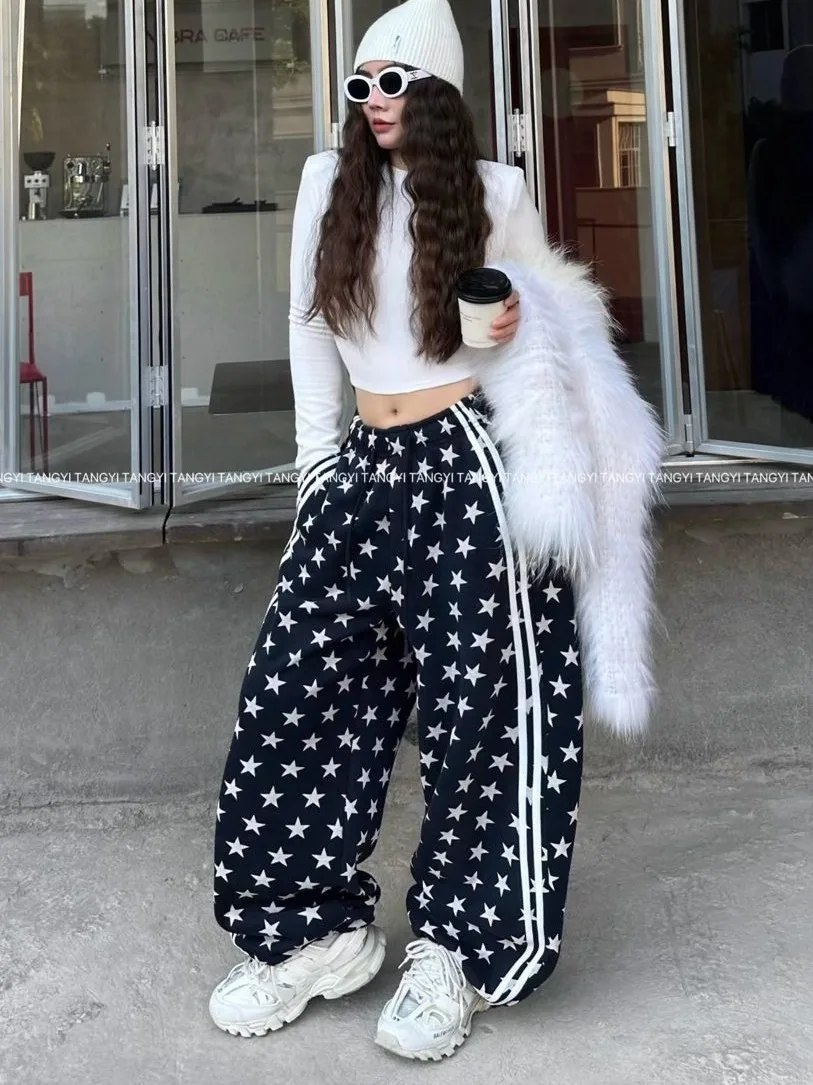 Autumn Winter Fleece Five-Pointed Star Casual Pants for Women High-Waisted Versatile Straight-Leg Jogger Sweatpants