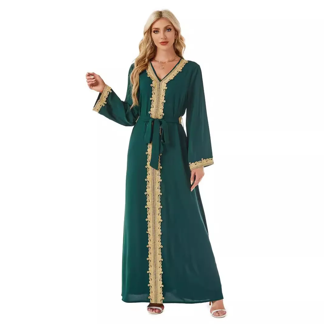 Arab Women Long Robe Embroidery Lace Up Vestidos Eid Muslim Party Ramadan Morocco Jalabiya Dubai Abayas Kaftan Islam Dress