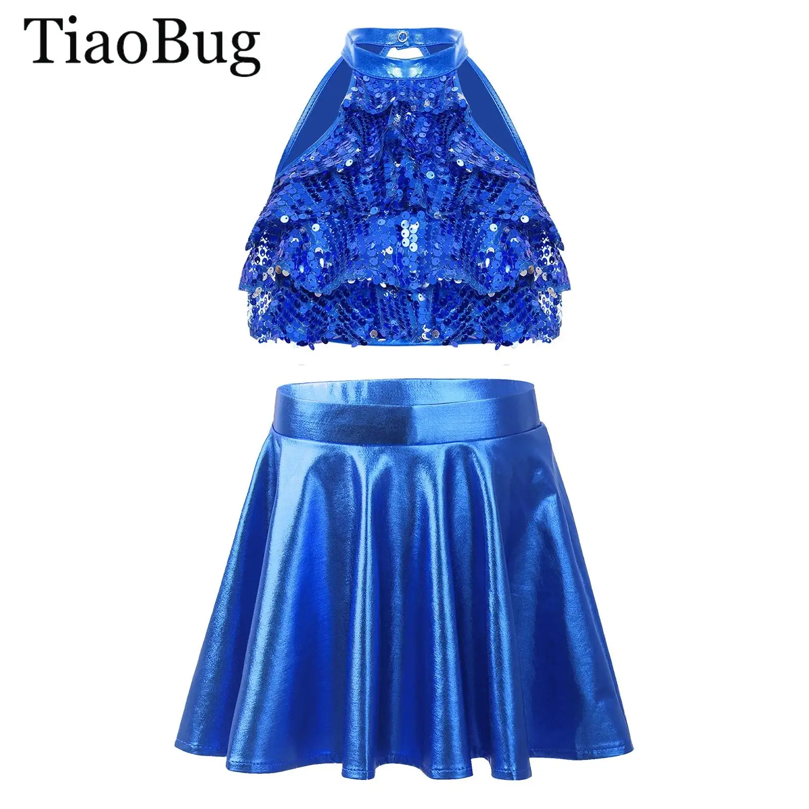 

Kids Girls Sequin Jazz Dance Outfit Mock Neck Shiny Metallic Tiered Backless Crop Top with Ruffled Skirt Cheerleading Costumes