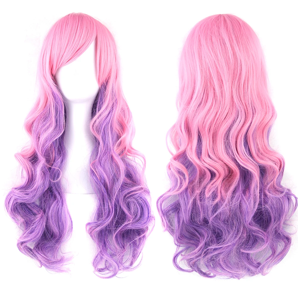 Soowee 70cm Long Wavy Pink Blue Rainbow Hair Color Wigs Female Synthetic Hair Women's Wig Party False Hair Cosplay Wigs